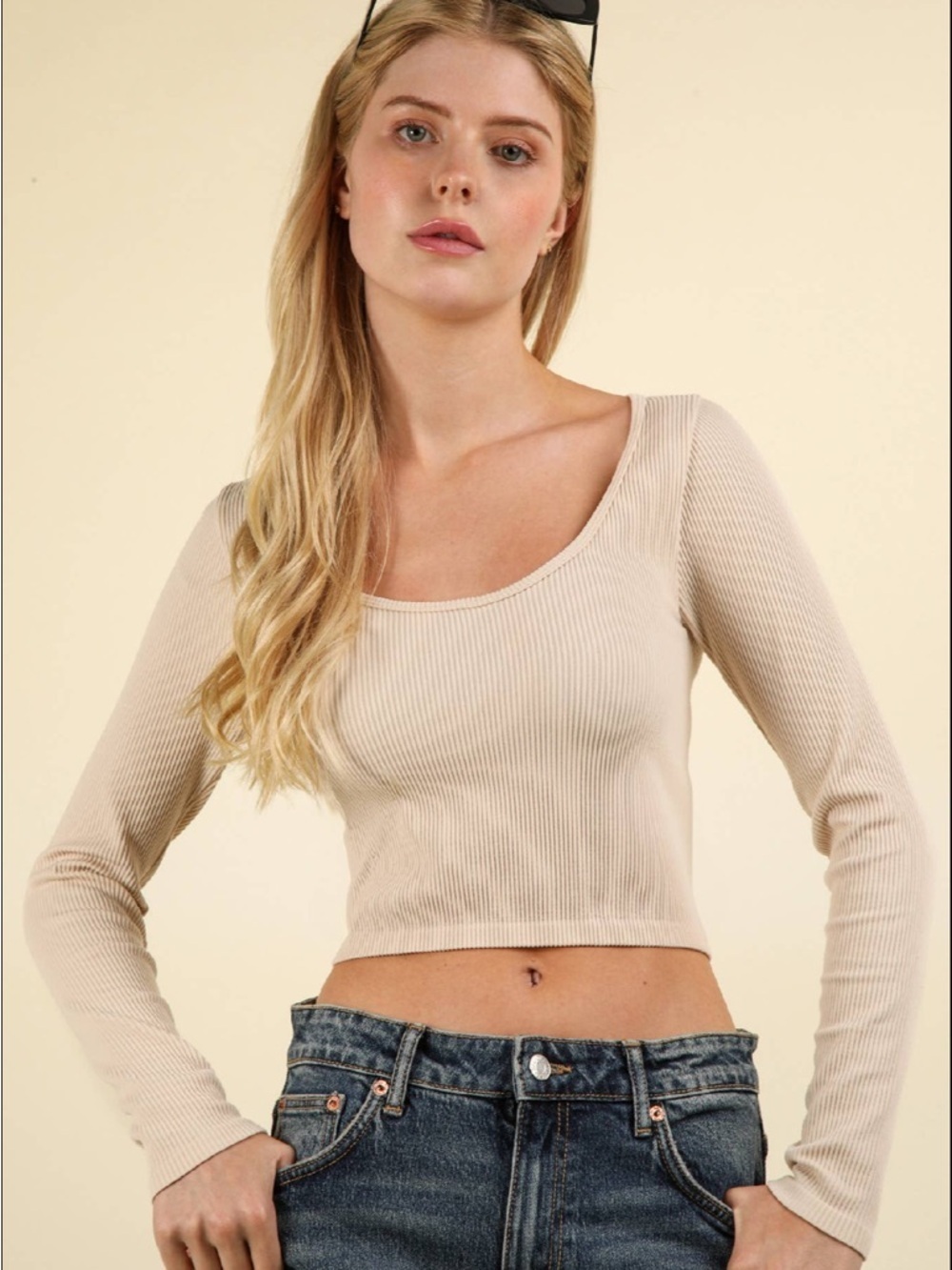 Ribbed Scoop Neck Long Sleeve Crop Top - Beige